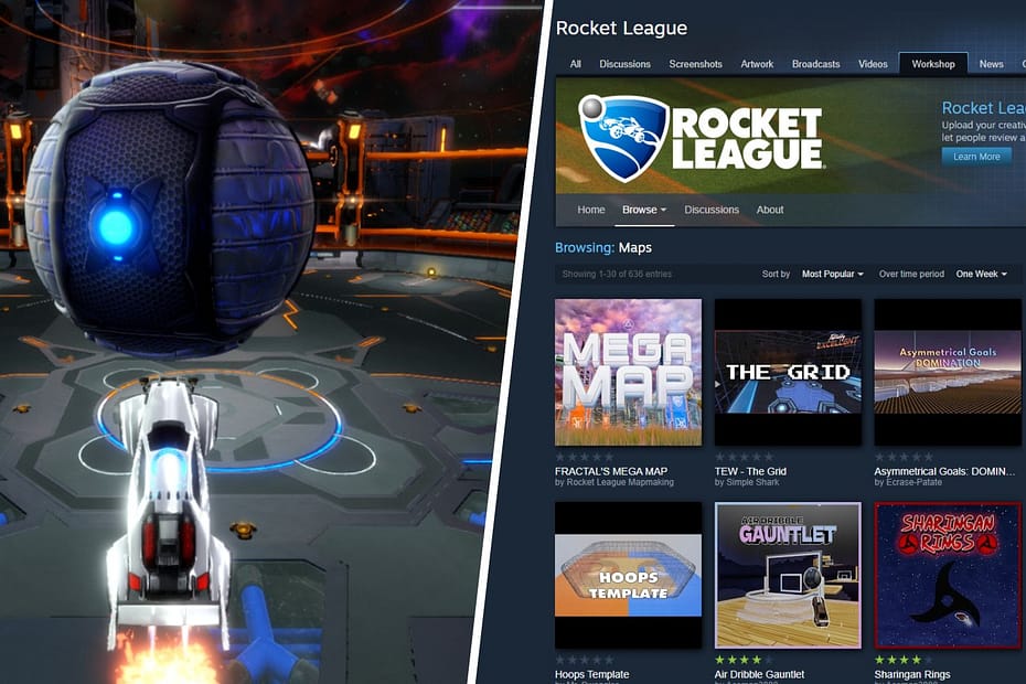 A split image of Rocket League and its Steam Workshop homepage